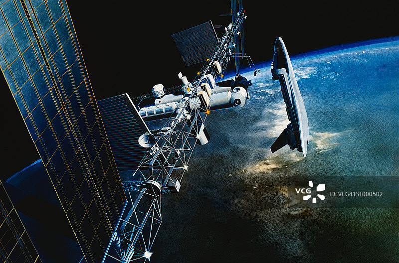 地球上方的空间站绘画图片素材