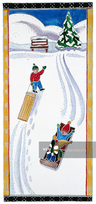 孩子们在雪地里滑雪橇图片素材
