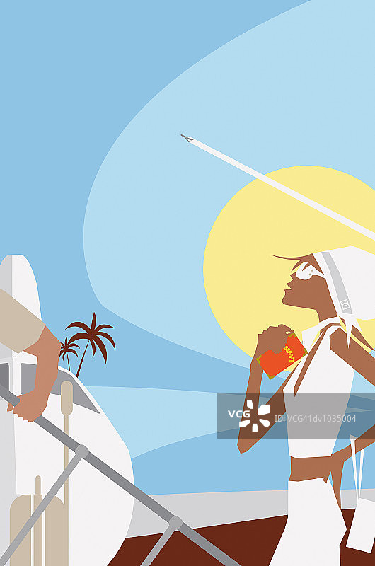 年轻女子走上商用飞机舷梯图片素材