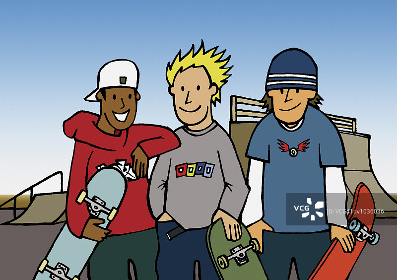 在滑板公园里拿着滑板的三个男孩图片素材