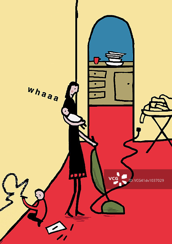 忙碌的家庭主妇和孩子们一起做家务图片素材