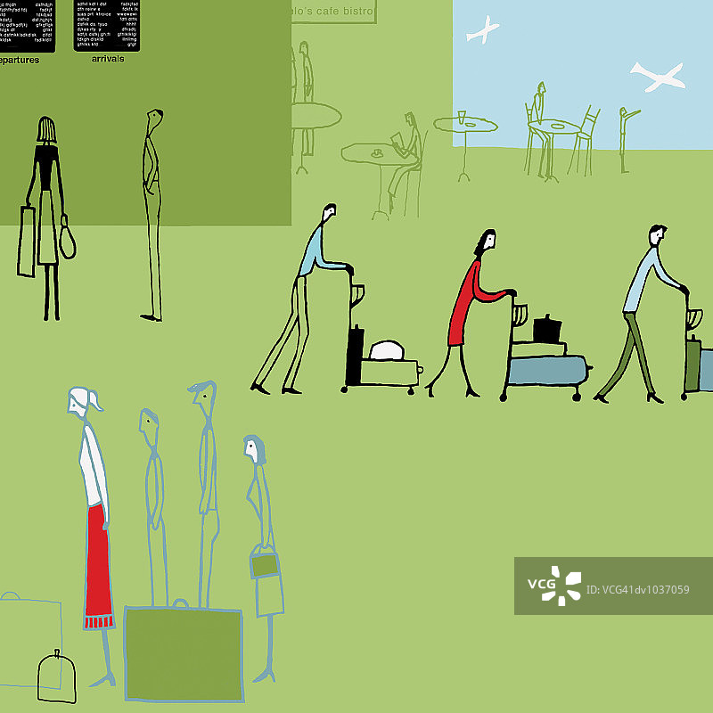 人们在机场排队等候，带着行李手推车图片素材