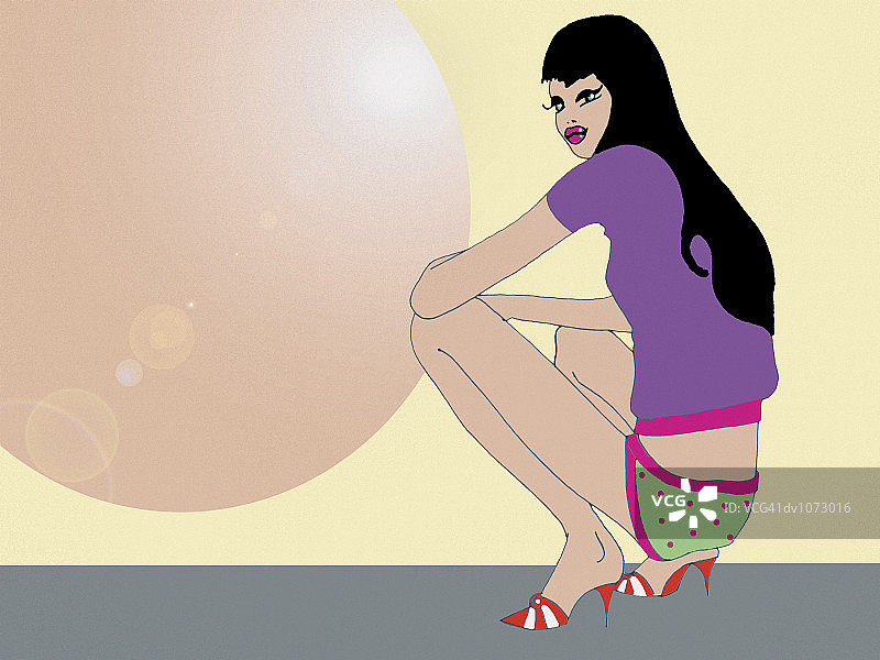 年轻女人穿着套头衫、灯笼裤和高跟鞋蹲着图片素材