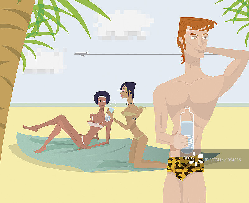 在两个晒日光浴的年轻女性面前，穿着泳裤的年轻男子的肖像图片素材