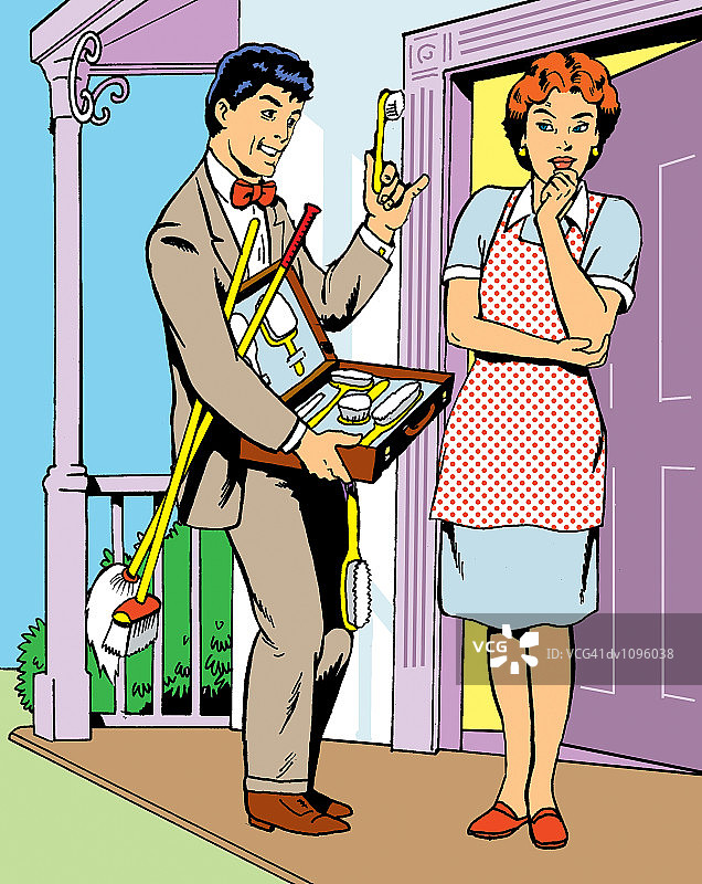 上门推销员向站立的家庭主妇推销清洁设备图片素材