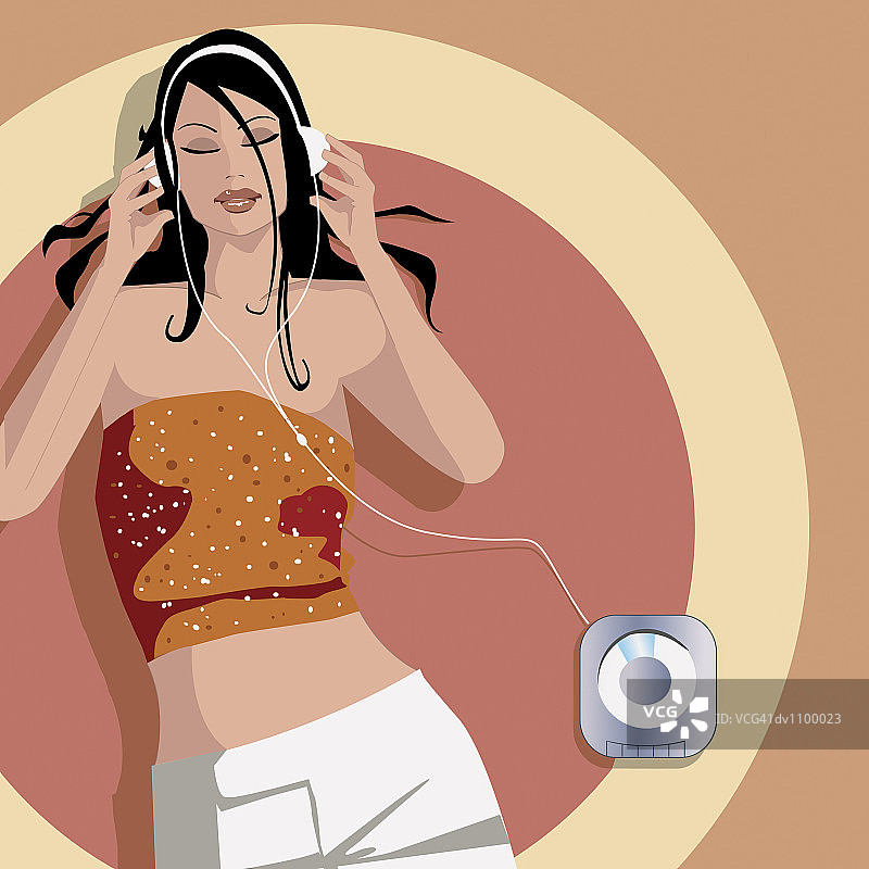 年轻女人躺着听个人立体声音响的俯视图图片素材