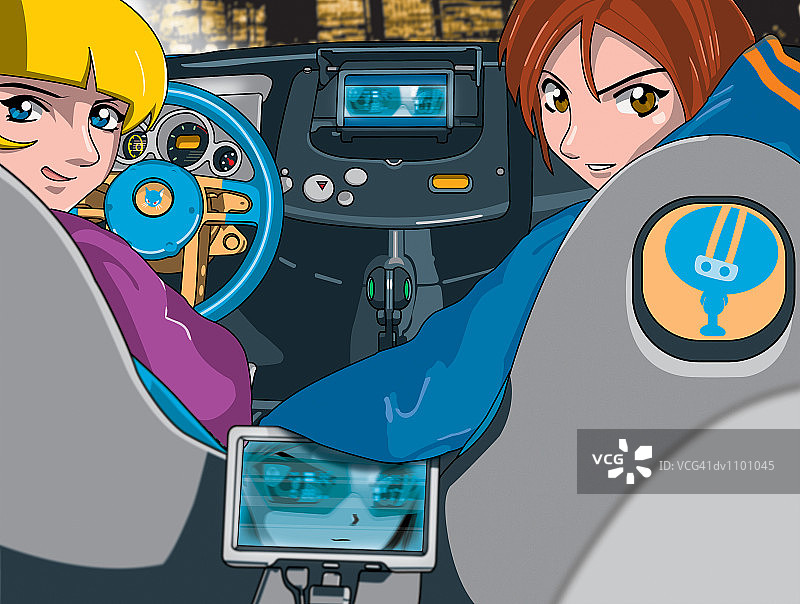 坐在未来汽车前座的年轻情侣 портрет图片素材