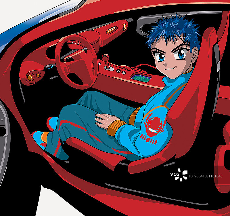 坐在未来汽车前座的年轻男子肖像图片素材