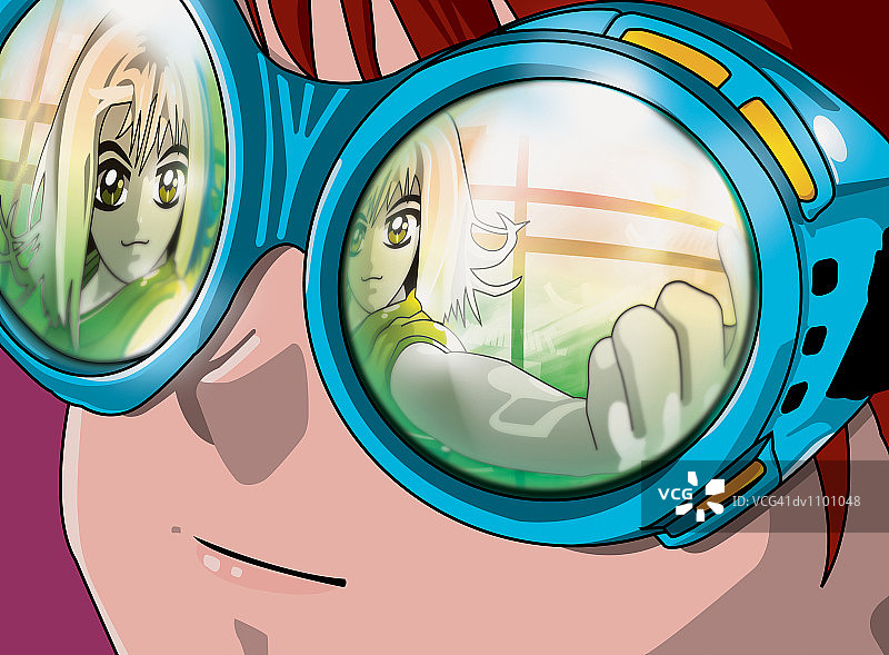 戴着护目镜，反射着一位招手女人的年轻男人图片素材