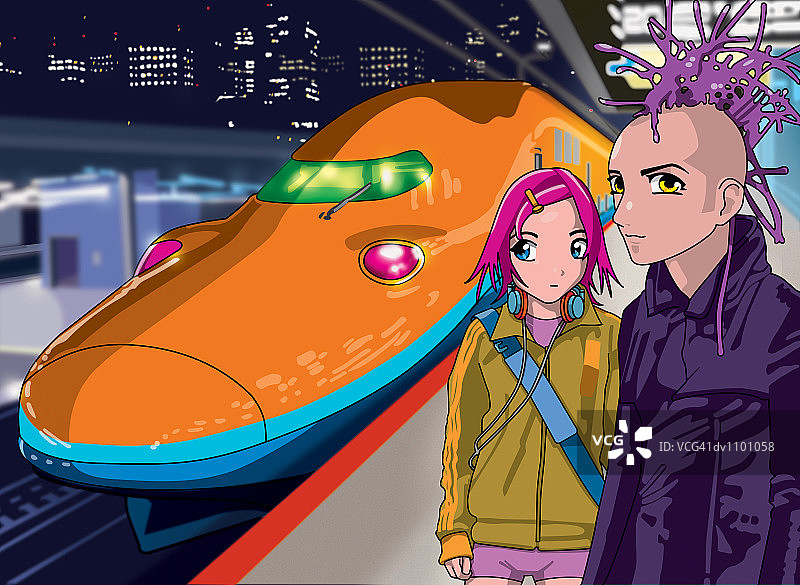 夜间站在火车站台上的两名青少年图片素材