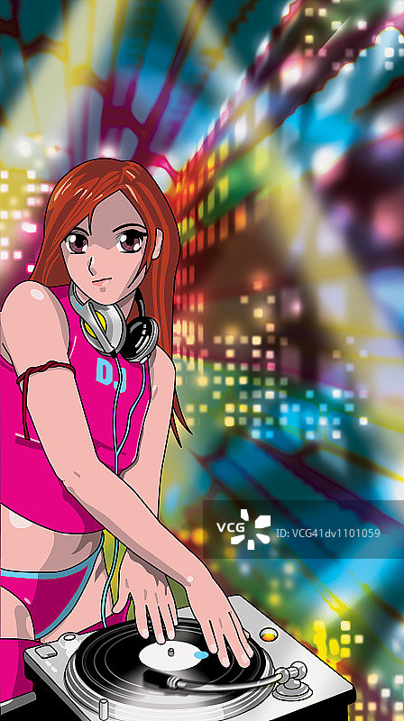 在夜总会使用转盘的女DJ肖像图片素材