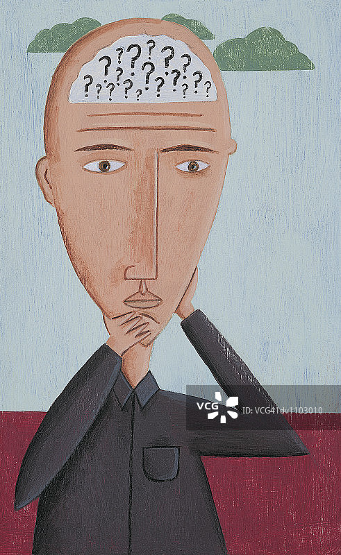 一位光头男子手托下巴思考的肖像图片素材