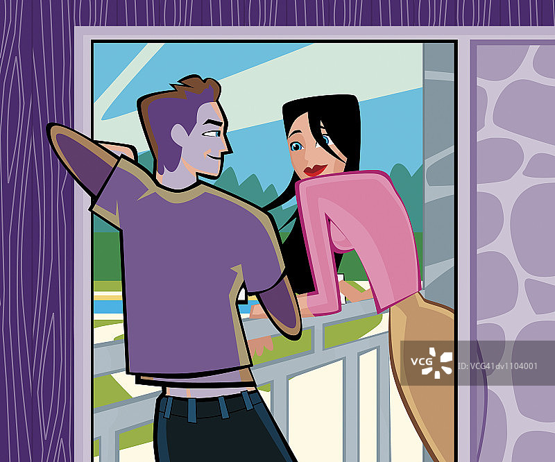 看靠在阳台上的年轻女人的男人图片素材