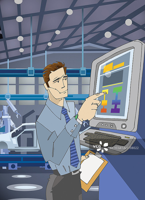 汽车制造自动化工厂中推动控制面板的工厂工人图片素材