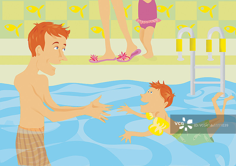 父亲在游泳池边看儿子学游泳图片素材