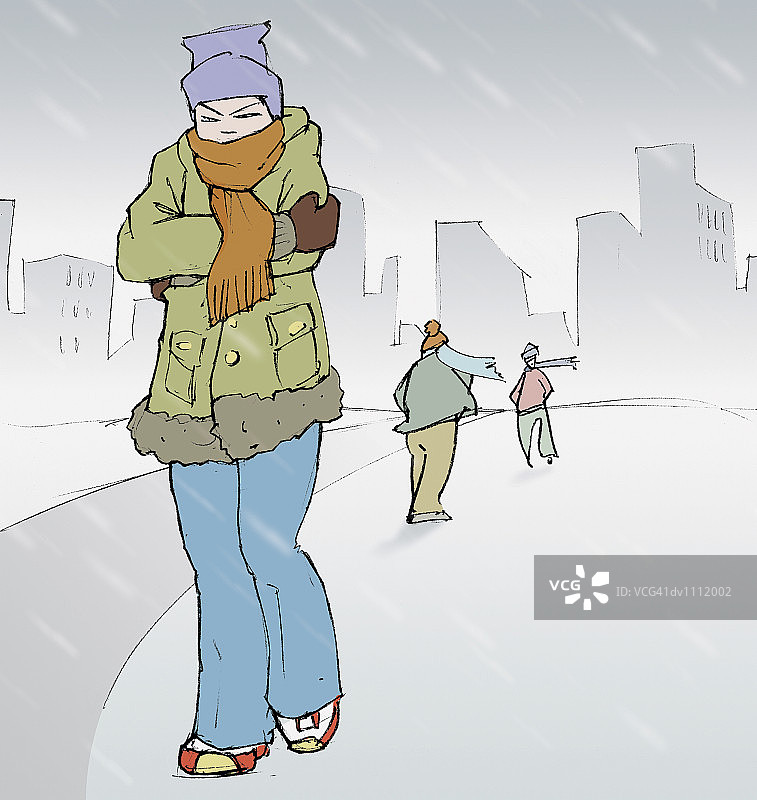 暴雨中在城市道路上行走的三个人图片素材