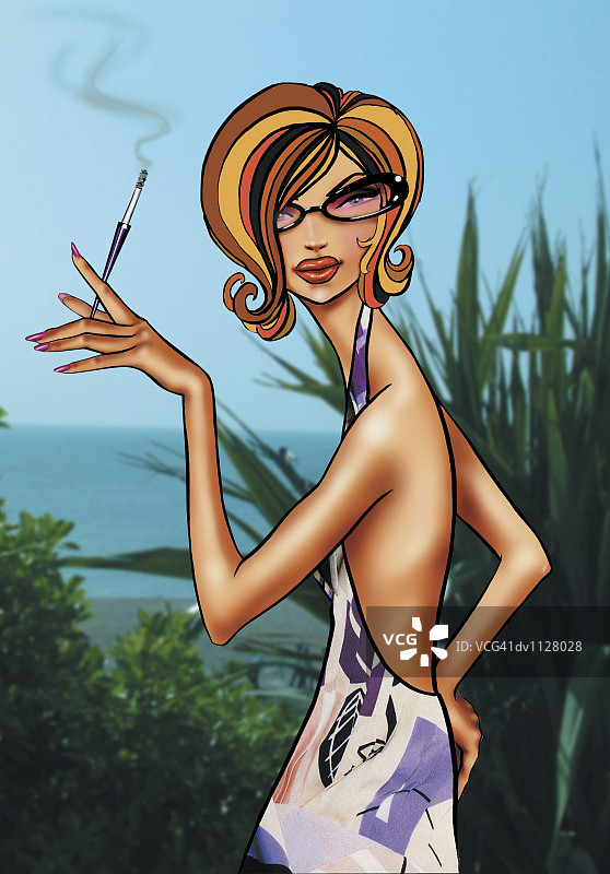 手持烟嘴的时尚年轻女子肖像图片素材