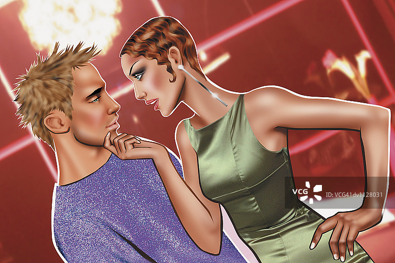 看着托着下巴的年轻男人的年轻女子图片素材