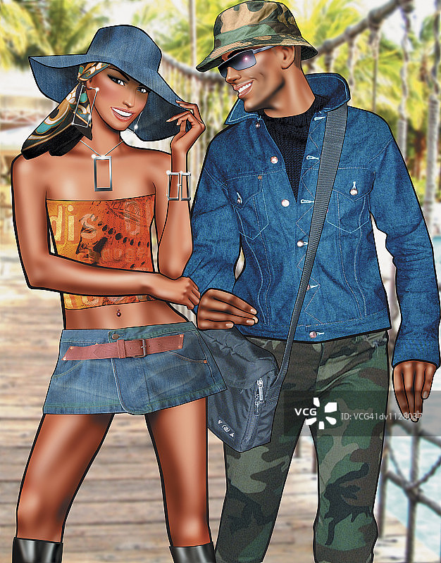 丛林桥上时尚情侣肖像图片素材