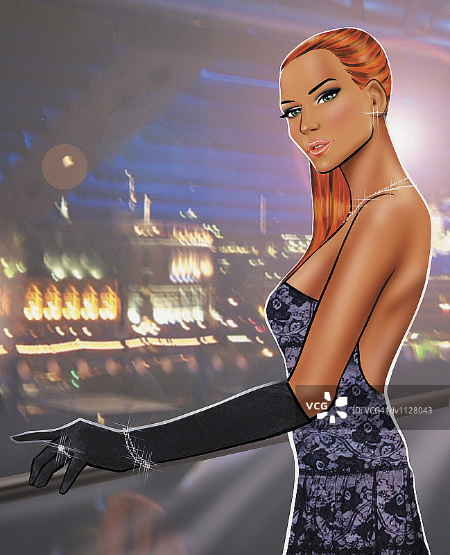 站在吧台前的迷人年轻女性肖像图片素材