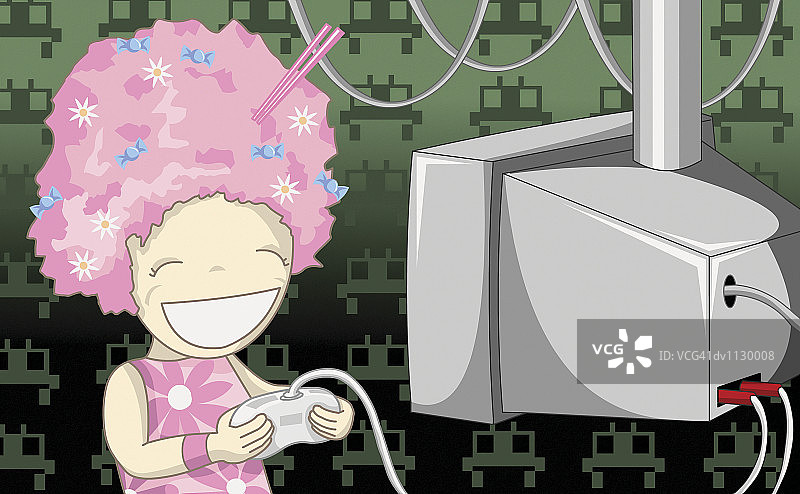 玩电脑游戏的粉色爆炸头年轻女人图片素材