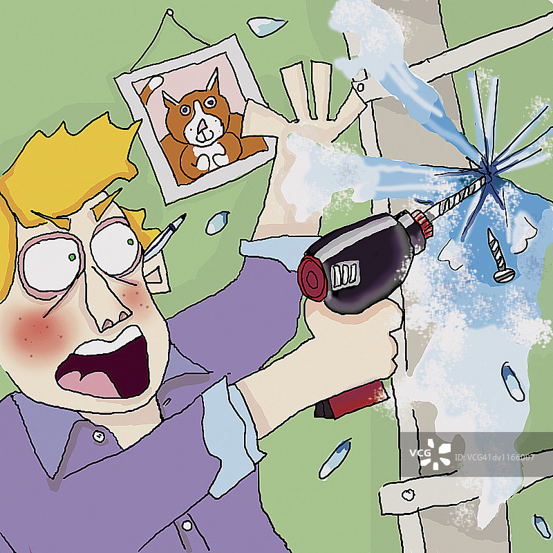 年轻人在家不小心钻墙导致漏水图片素材