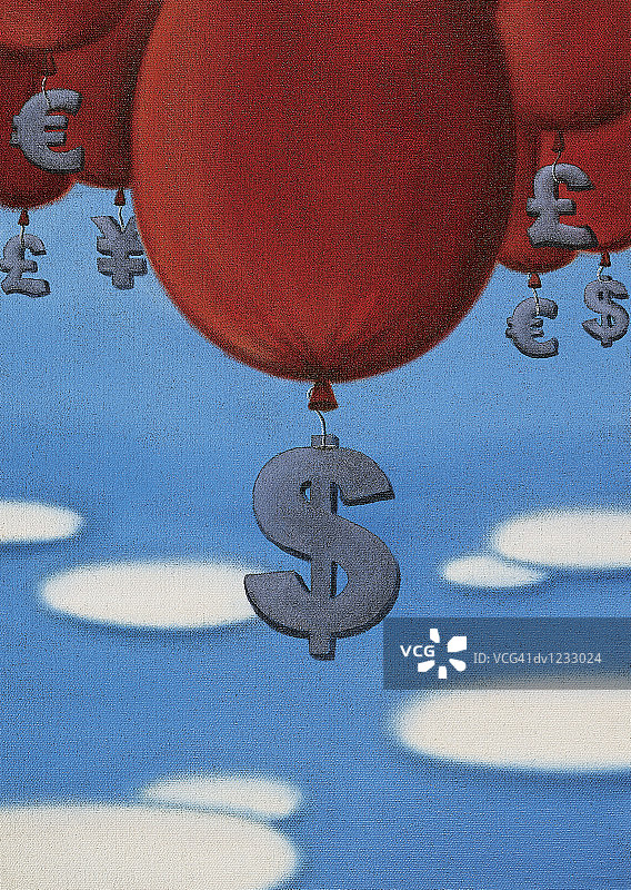 系在气球上的货币符号和一个上升的美元符号图片素材
