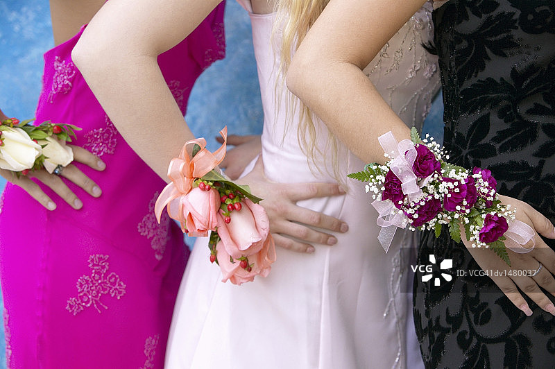 三个女人穿着舞会礼服佩戴胸花图片素材