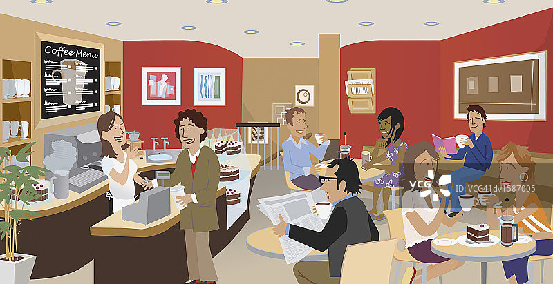 人们在咖啡店里喝咖啡的中景镜头图片素材