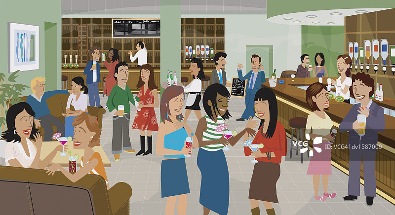 酒吧里坐着、站着和交谈的大群人图片素材