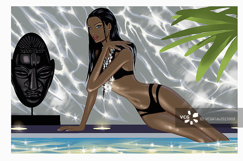 身穿比基尼、佩戴银色项链坐在泳池边的女人插画图片素材