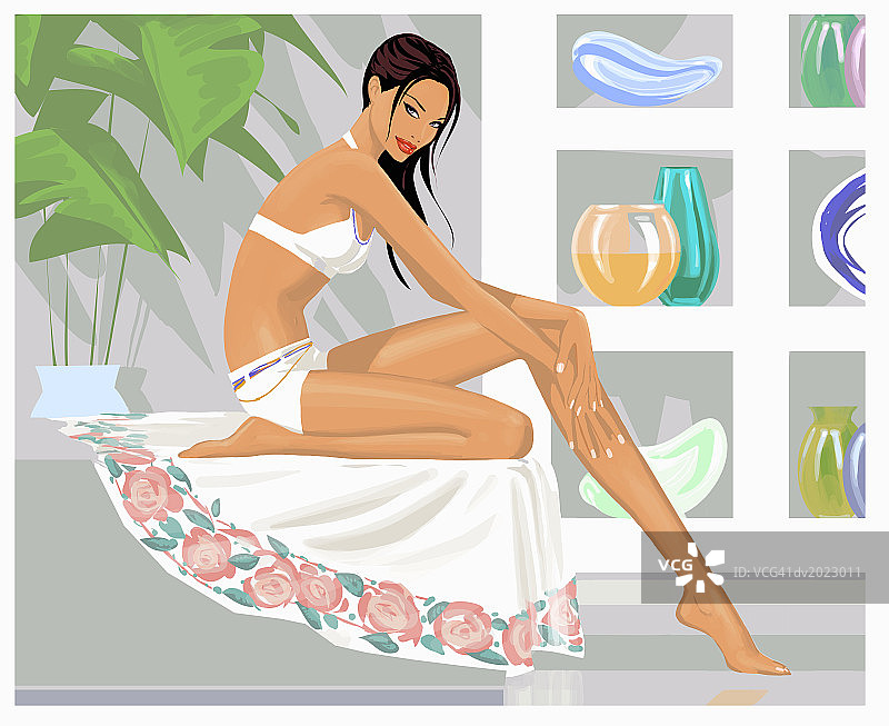 穿着白色比基尼坐在水疗中心的女人图片素材