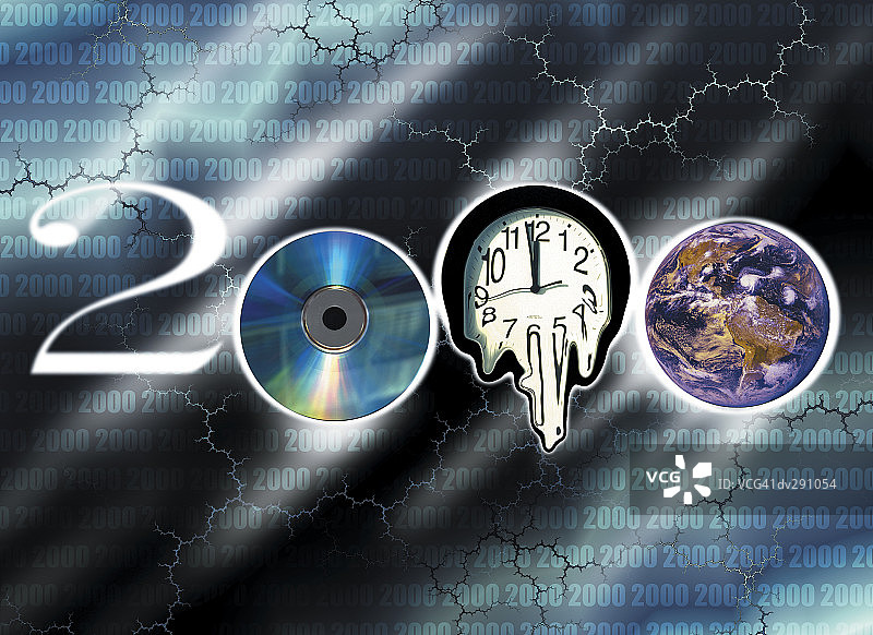 由数字2、CD-ROM、融化的钟面和地球组成的2000年图片素材
