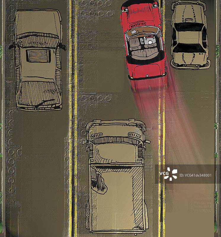 俯视角度拍摄的司机在车流中穿行图片素材