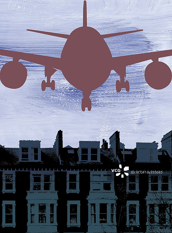飞机飞越联排别墅图片素材
