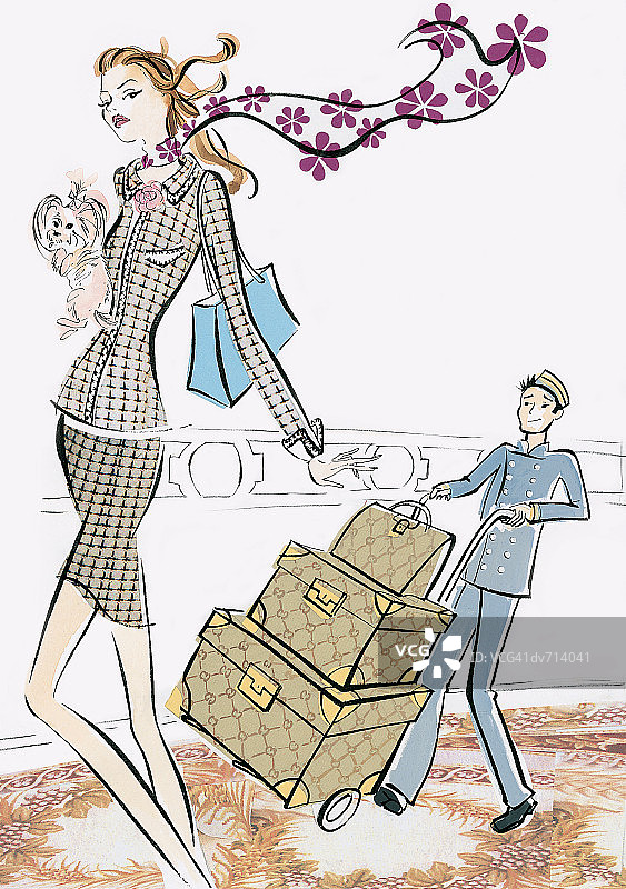 女人抱着狗，行李员在她身后搬运行李图片素材