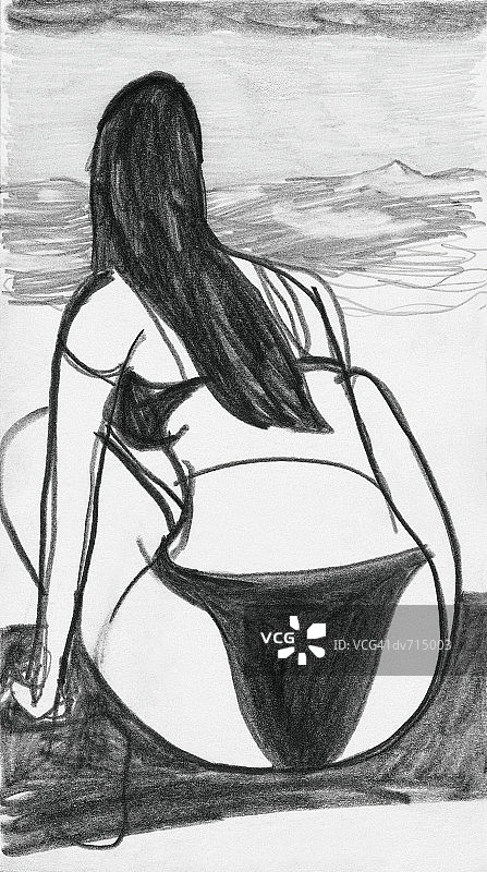 坐在海滩上的女人的背影图片素材