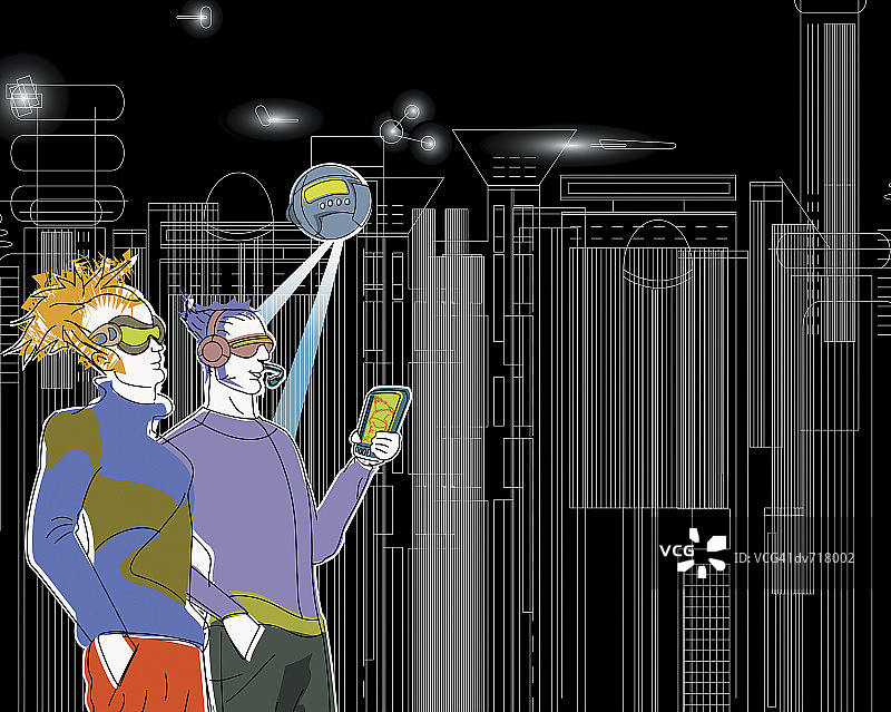 两个男人在未来城市中戴着护目镜图片素材