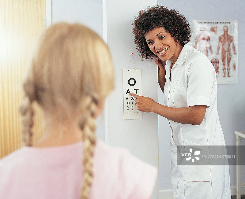 医生给女孩看视力检查表图片素材