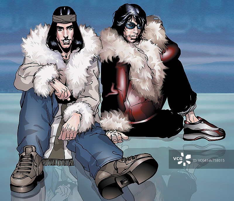 年轻情侣身穿皮草大衣坐在冰面上图片素材