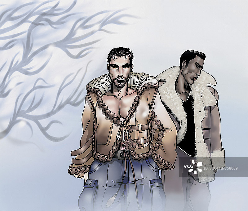 雾天里穿夹克的两个年轻男人肖像图片素材