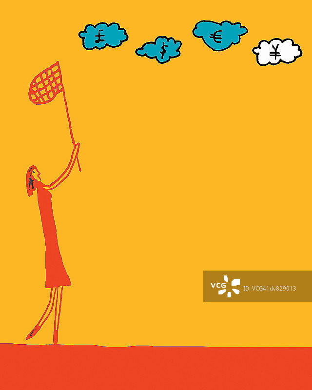 用网捕捉显示货币符号的云朵的女人图片素材