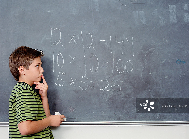 男孩站在黑板旁图片素材
