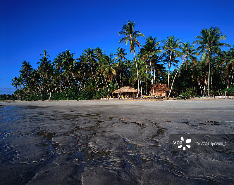 巴西伊塔帕里卡诸圣湾廷达雷岛上的海滩小屋图片素材