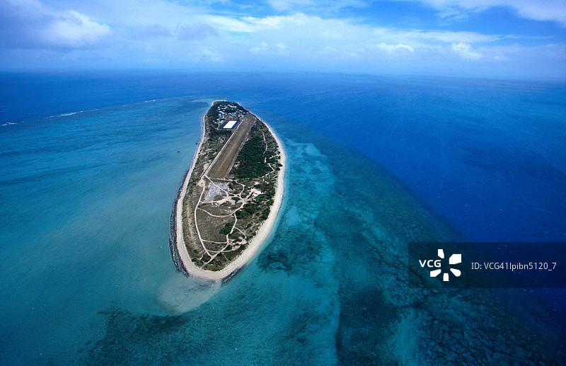 澳大利亚昆士兰椰子岛鸟瞰图，周围环绕着浅珊瑚礁图片素材
