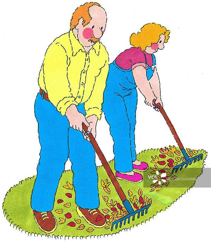 夫妇耙树叶图片素材