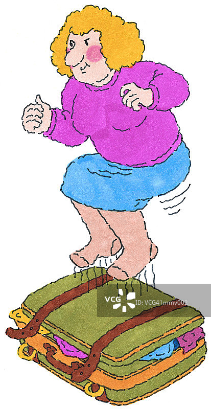 跳上行李箱的女士图片素材