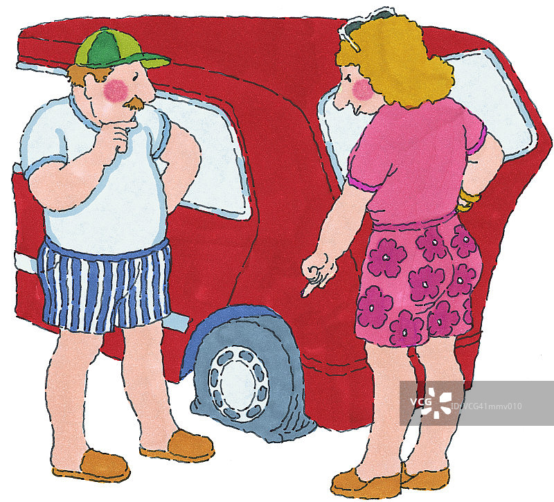 先生与夫人讨论轮胎没气了图片素材