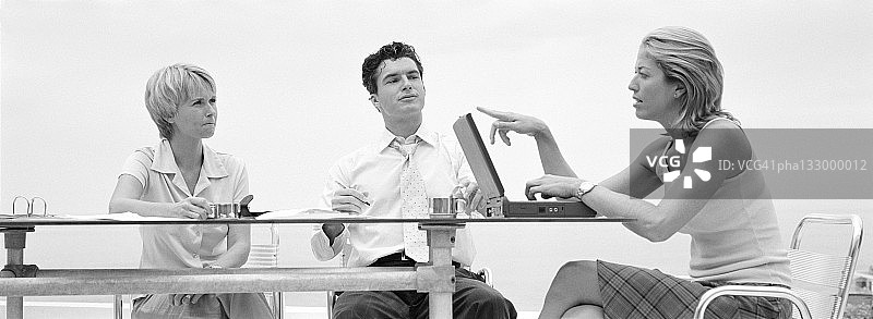 使用笔记本电脑与同事讨论业务的女商人（黑白照片）图片素材