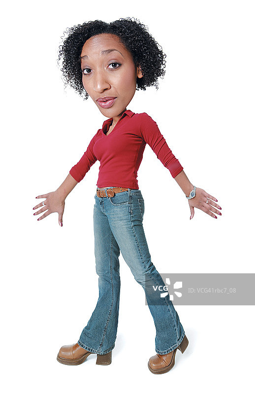 穿着牛仔裤和红色衬衫的非裔美国女性得意微笑的漫画照片图片素材